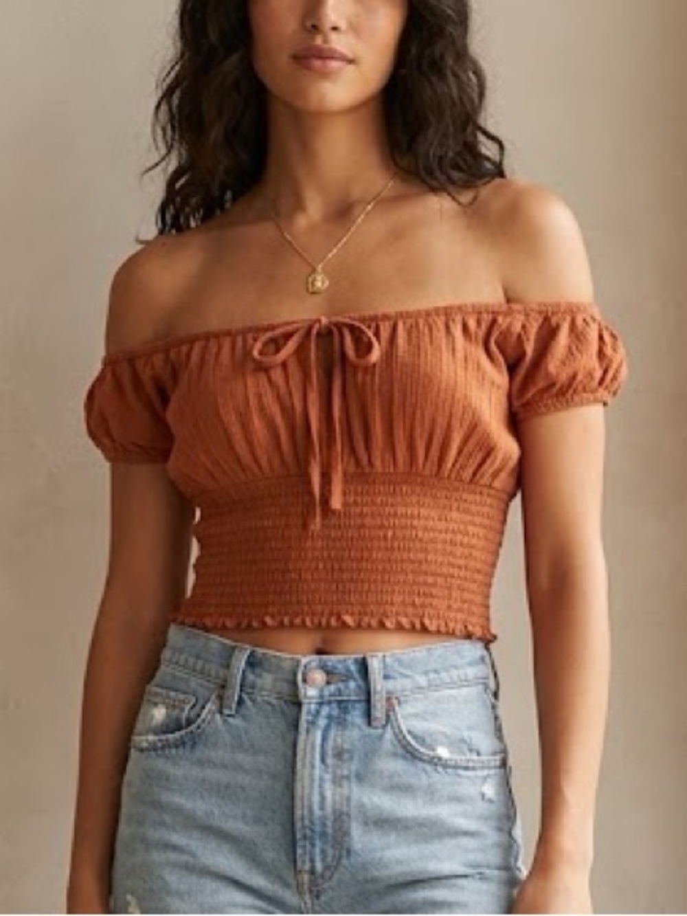Billabong Getaway Smocked Body Off The Shoulder Crop Top In Rusty Orange